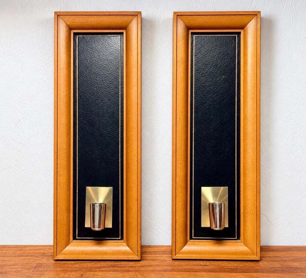 Vintage Mid-Century Modern Wall Candle Holders | Wood & Chrome Sconces